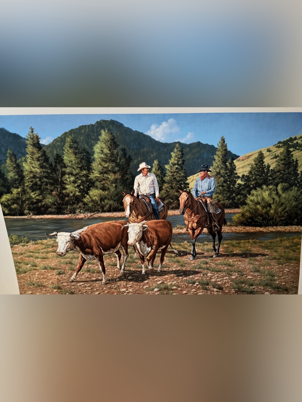 RARE!!Western Cowboy Print Featuring Two Riders and Cattle in Natural Landscape